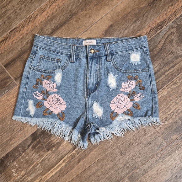 Twelve By Ontwelfth Pants - Ontwelfth Distressed Embroidered Flowers Raw Him High-rise Denim Shorts, Size 28